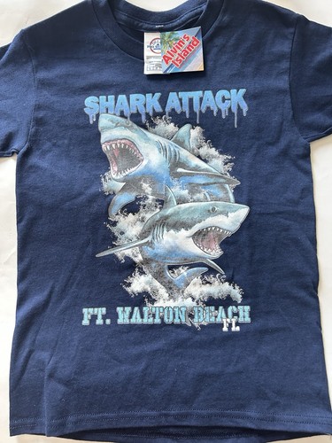 Alvin’s Island Fort Walton Beach Fl. “Shark Attack” Cotton Navy T-shirt kids S
