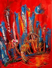 CITYSCAPE  ABSTRACT  ART - ORIGINAL OIL PAINTING BY MARK KAZAV