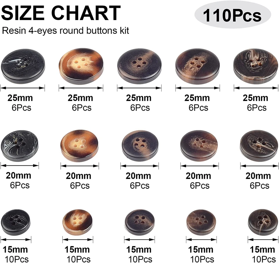 110Pcs Mixed Sewing Buttons, 4-Hole round Craft Buttons, 3 Sizes (15Mm, 20Mm, 25 - Image 2 of 4