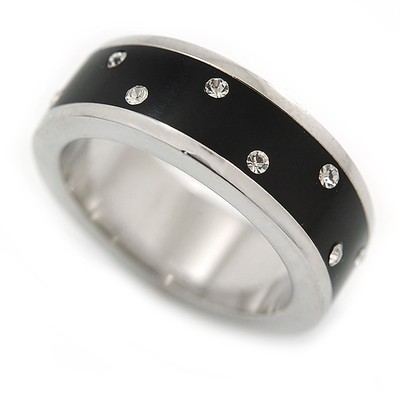 Schwarzer Emaille österreichischer Kristall Bandring in Rhodium geflochten - Größe 7