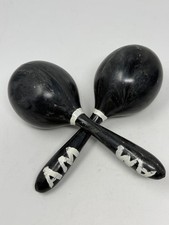 Pair Black Plastic Maracas Hand Painted AM White Folk Percussion Shakers 8"