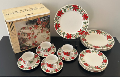 16 Piece Gibson POINSETTIA BLOOM Holiday Dishes Service for Four Original Box