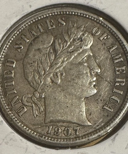 1907  Philadelphia Silver Barber Dime XF