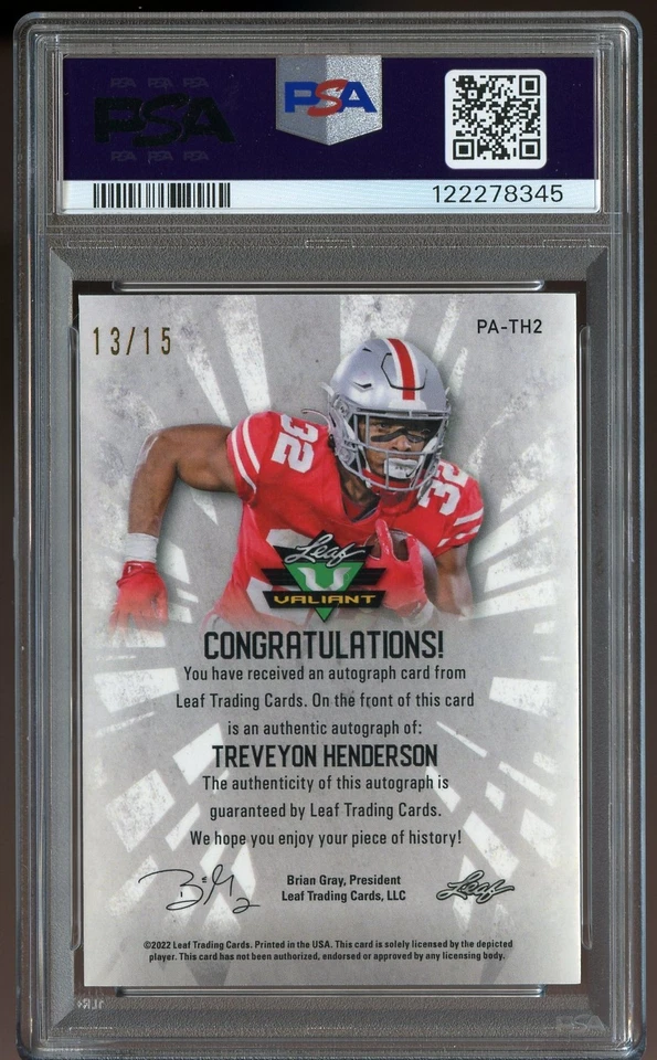 2022 Leaf Valiant TREVEYON HENDERSON Purple Prismatic Auto RC #/15 - PSA 10 - Image 2 of 2