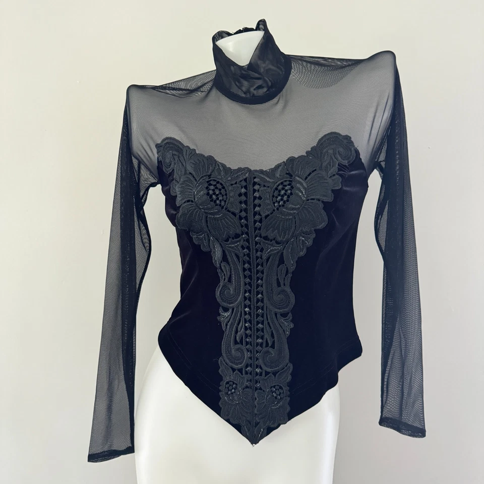 90s vtg CACHE Mall Goth Fishnet VELVET Burnout Beaded Whimsigoth Corset Top S - Image 2 of 4