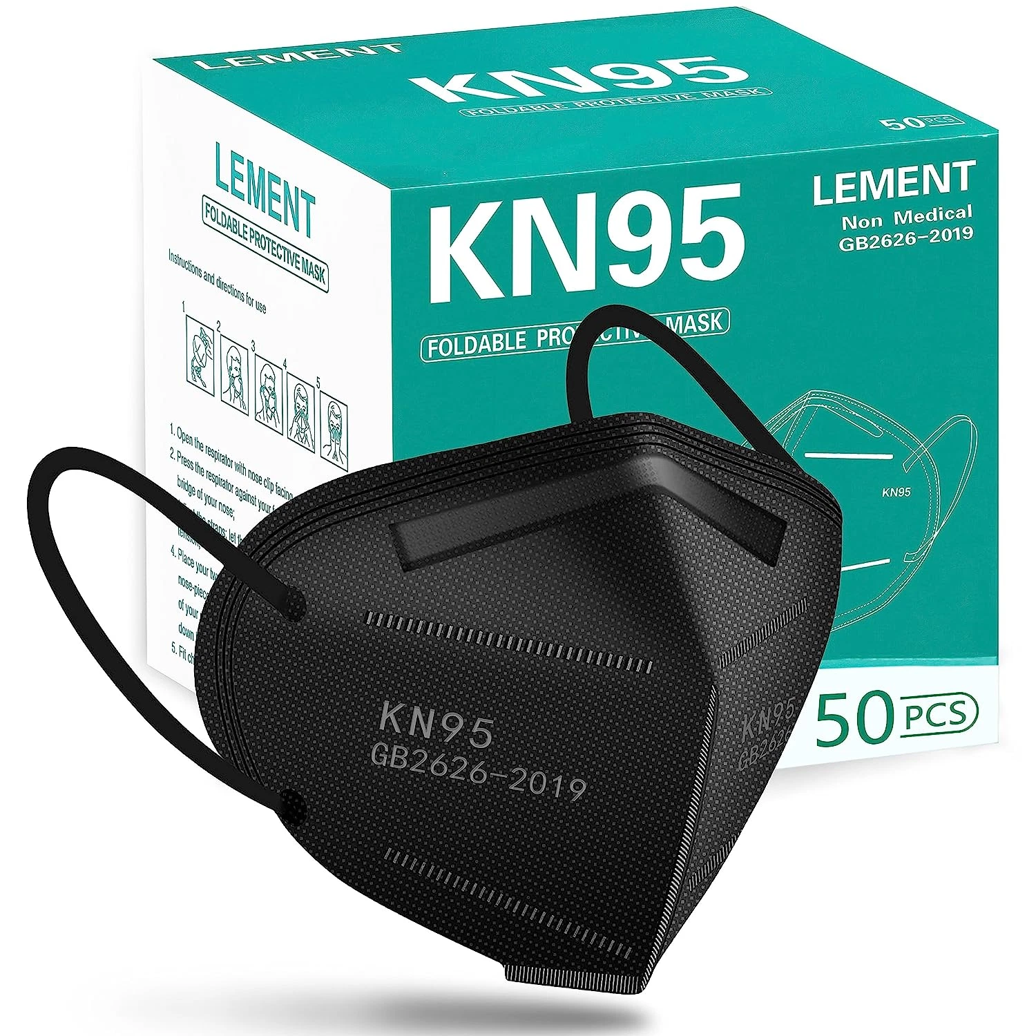 50 Pack KN95 Face Mask Black 5 Layer Cup Dust Safety Masks Filter Efficiency 95%