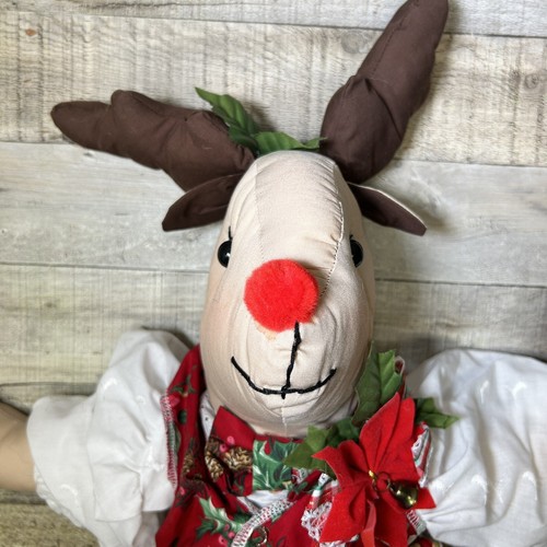 Vtg Plush Christmas Boy & Girl Reindeer Country Cottage Pinafore Handmade Dolls - Picture 13 of 16