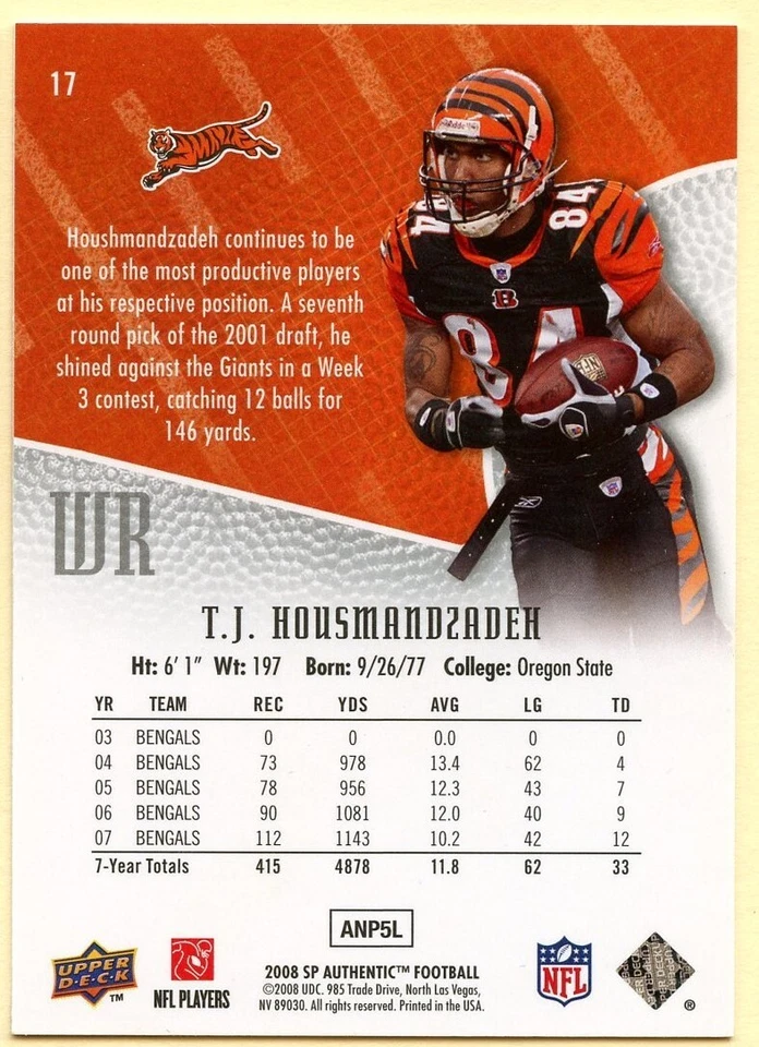2008 SP Authentic T.J. Houshmandzadeh football card #17 Cincinnati Bengals - Image 2 of 2