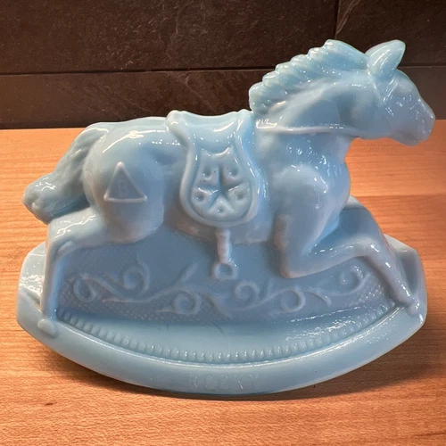 VTG Rocky Rocking Horse Figurine Baby Boy Blue Milk Slag Glass Mosser 1982 #3