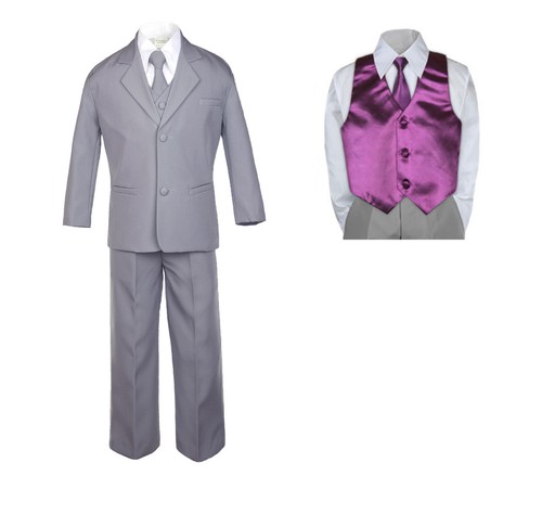 7pc Baby Toddler Boy Formal Party Medium Gray Suit w/Satin Vest & Necktie M-20 - Picture 9 of 25