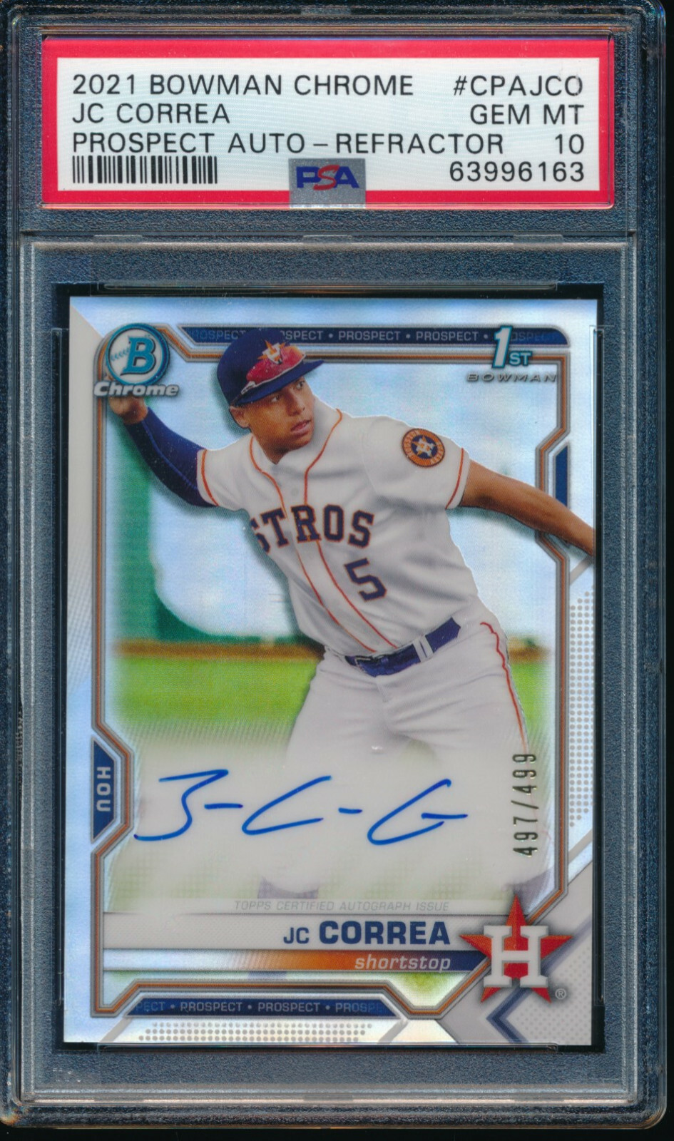 PSA 10 JC CORREA AUTO 2021 Bowman Chrome Autograph REFRACTOR #/499 RC GEM MINT