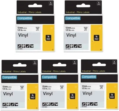 5PK Vinyl Label Tape 18444 12mm Black / White for DYMO RHINO 3000 4200 5200 6000