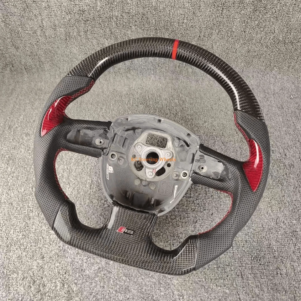 Volante de cuero de fibra de carbono para Audi A3 A4 A5 A6 2013 costuras rojas Foto 2 de 4