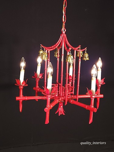 Antique Faux Bamboo Pagoda Hollywood Regency 6 Light Chandelier With Brass Bells - Picture 16 of 24