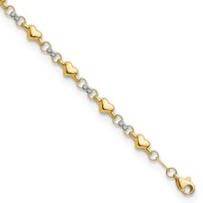 Real 14kt Two-tone Polished Diamond Cut Heart 7.5in Chain Bracelet