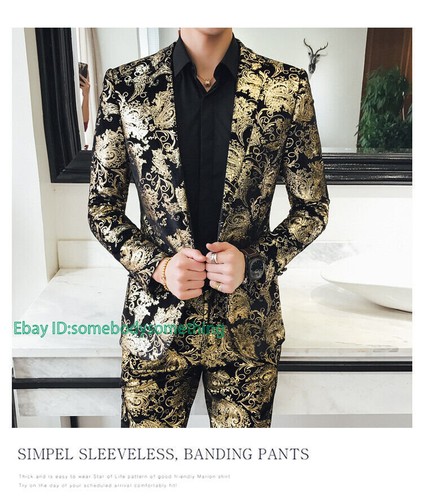 2PCS Mens Lapel Floral Print Suit Coats Vest Jacket Suit Pants Formal Dress Sets - Picture 8 of 14