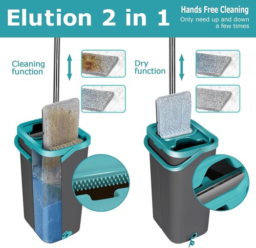 Wischmopp Set Kunststoff Eimer Mikrofaser Bodenwischer Flach 2 in 1 - Bild 5 von 10