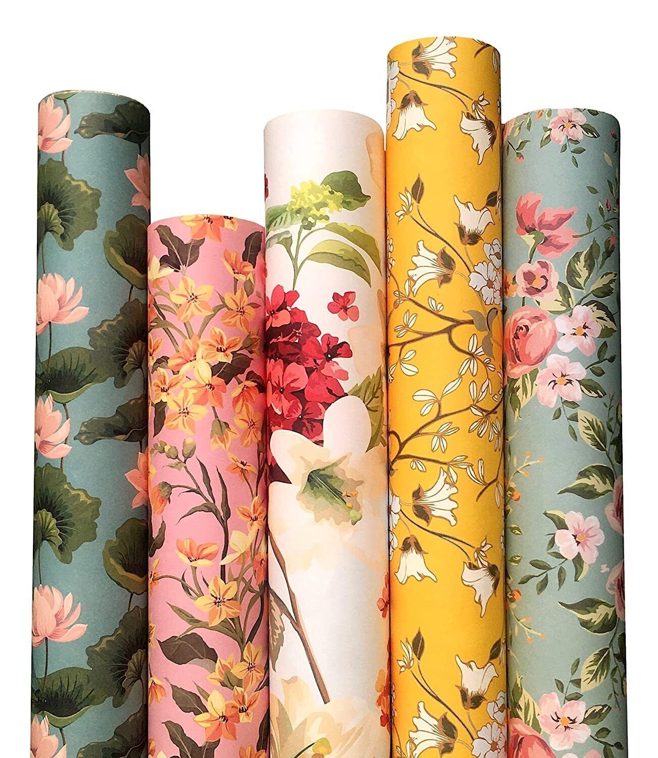 VRB Dec Wrapping Paper Sheets (Floral Print) - 5 sheets Pack (Each design 1  Pcs) Birthday Wrapping Paper With 5 Pieces of Happy Wishes,Colorful Gift