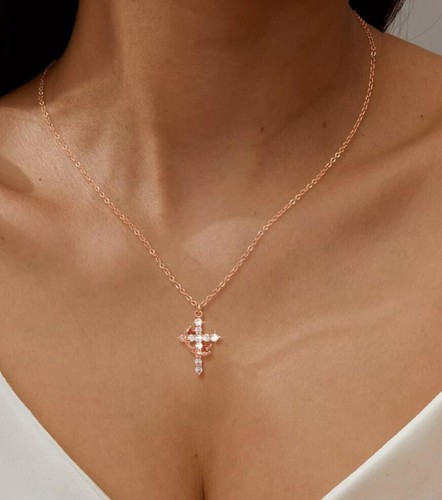 14k Gold Cross Necklace for Women,Cubic Zirconia Crown Cross Pendant Necklaces - Picture 11 of 18