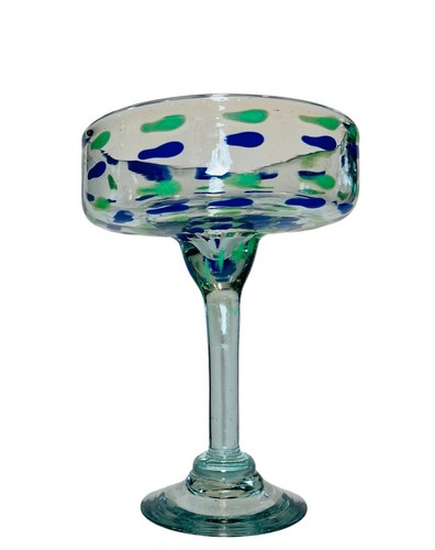 Hand Blown Margarita Glass Green Blue Speckled Clear Mexico - Picture 7 of 10