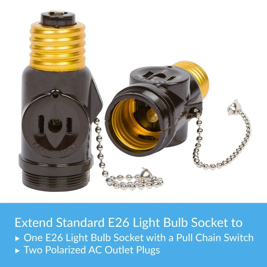 Light Bulb Socket To Plug Adapter With Switch Base, 2 AC Outlet, E26 LED Black - Image 4 of 4