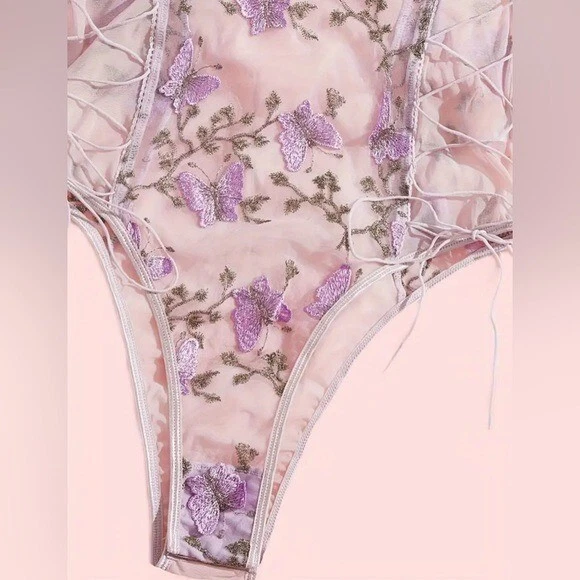 NWT Women's purple Strap Butterfly Mesh Stretch Lace Lingerie Bodysuit Size M - Image 4 of 4