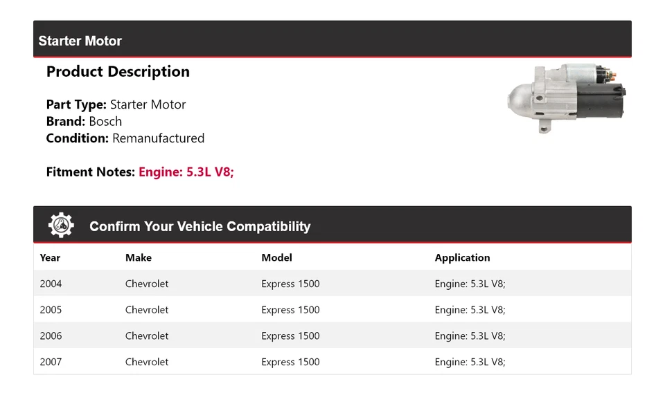 Para Chevrolet Express 1500 2004-2007 5,3 L V8 Bosch arranque (remanufacturado) 2005 Foto 2 de 4