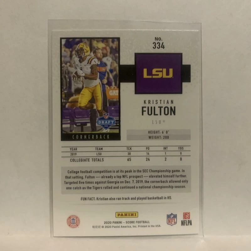#334 Kristian Fulton Rookie Gold LSU 2020 Score Football Card LT - Image 2 of 2