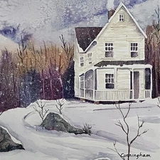 WINTER WATERCOLOR / Victorian House Amid Snow / DOUBLE MATTED To 15x18 / SIGNED