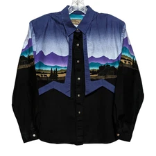 Vintage 90s Womens Roper Western Shirt Black Purple Colorful Rockabilly Cowgirl