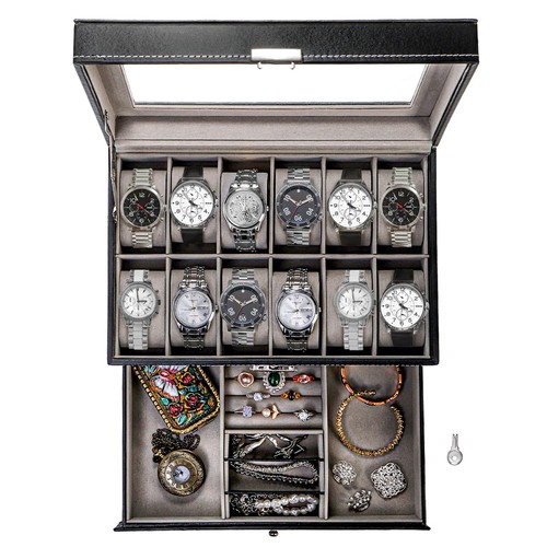 12 Slot Watch Box Case Lockable with Glass Lid, 2 Layers Watch Holder Organiz... - Picture 1 of 7