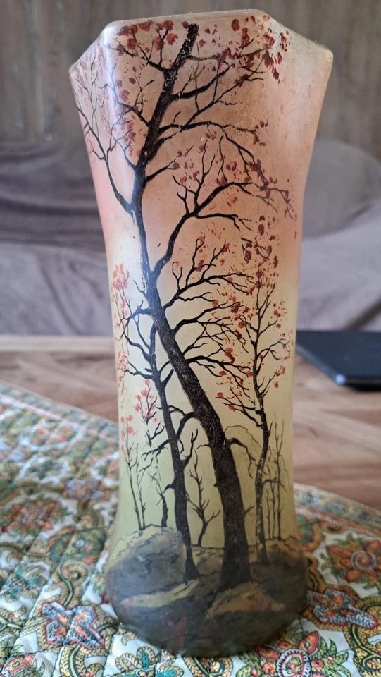 vase theodore legras  en verre émaillé décors paysage lacustre - Photo 3/4