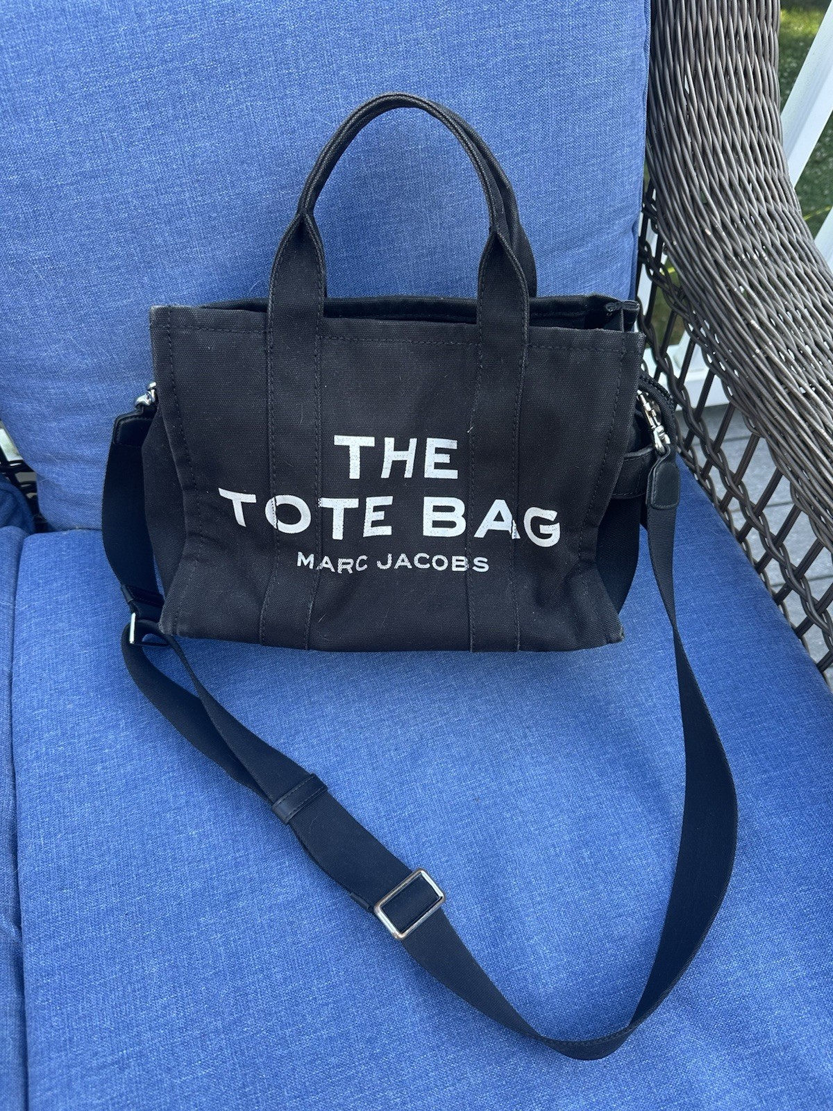 Auténtico Bolso de Mano Marc Jacobs The Envejecido Negro Lona Mediano