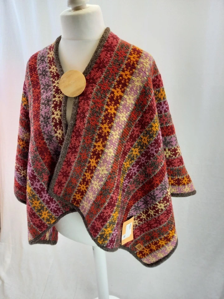 Poncho envolvente Pachamama Tintagel 100 % lana rojo naranja púrpura tejido a mano nuevo con etiquetas Foto 3 de 4