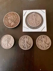 1 Peace dollar and 4  Walking Liberty  half  dollars all 0.9 silver bonus coins