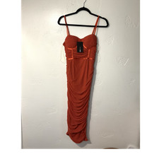 Fashion Nova Ruched Mesh Bodycon Midi Dress Sweetheart Neck Rust Zip L