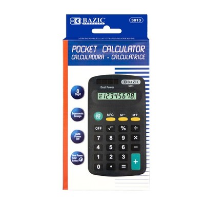 BAZIC Products 8 Digit Pocket Size Calculator, Dual Power Solar 1-Pack, Black 
