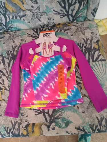 Lands' End 3 Piece Swim Set Girls Size 2T Purple Geometric UPF 50 Quick Dry NWT
