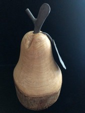 Pear Turned Wood Pear 8 x 4 with bark edge, metal leaf Fruit Sculpture Original