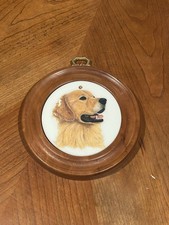 Vintage Golden Retriever Picture Made Of Wood And Porcelain.  5”x5”