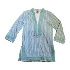 TORY BURCH Boho Tory Basketweave Tunic Medium Mint Green Blue Coastal Designer