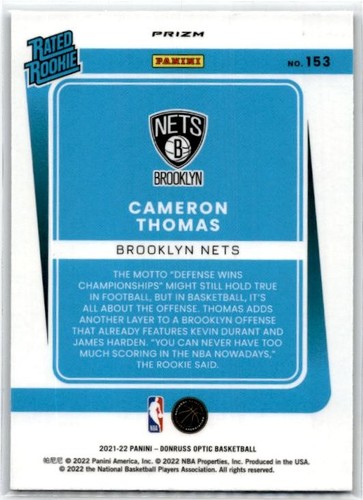 2021-22 Donruss Optic Purple #153 Cameron Thomas Rookie Brooklyn Nets - Picture 2 of 2
