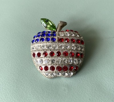 Red White & Blue Rhinestone Apple Brooch Pin Patriotic! Sparkles! 4th of July!