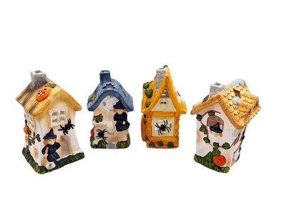 VTG Halloween Village Set Of 4 Tea Light Houses Witch Pumpkin Haunted Spooky