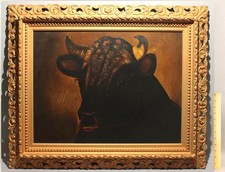 19thC Antique 1891 Signed American Folk Art Cow BULL Portrait Oil Painting, NR