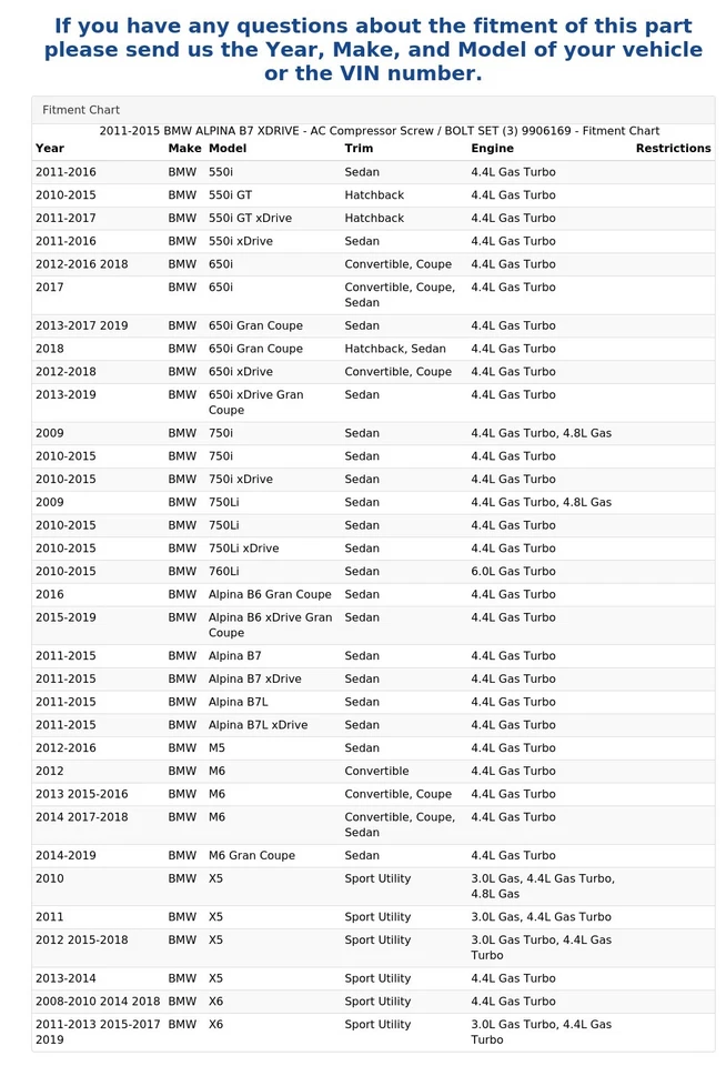 BMW ALPINA B7 XDRIVE 2011-2015 - JUEGO DE TORNILLOS/PERNOS compresor de aire acondicionado (3) 9906169 Foto 4 de 4