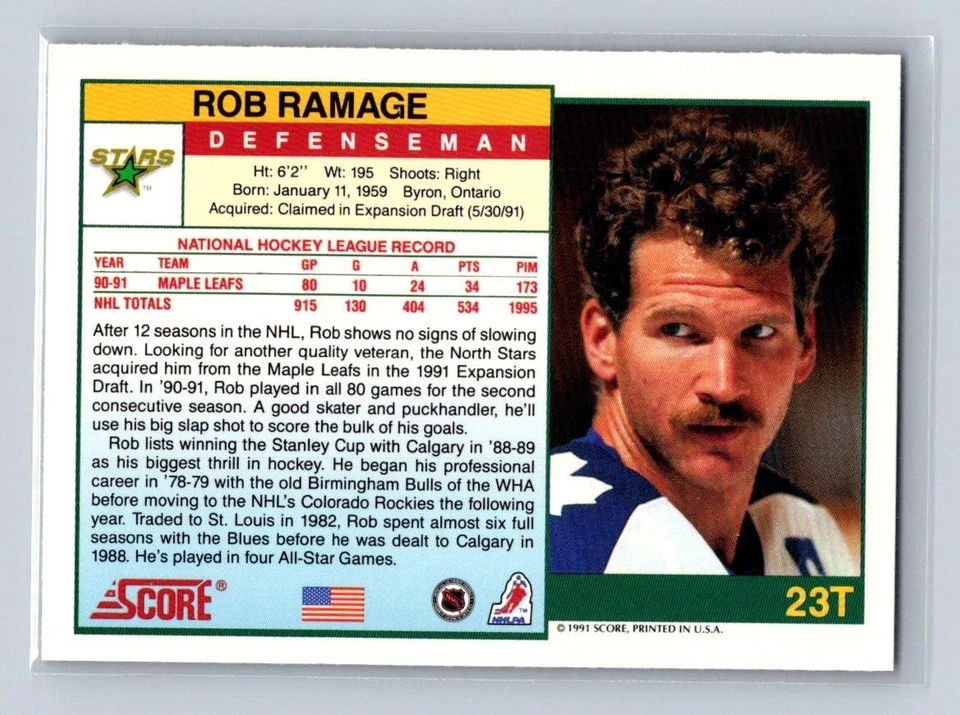 1991-92 Score Rookie and Traded #23T Rob Ramage Minnesota North Stars - Image 2 of 2