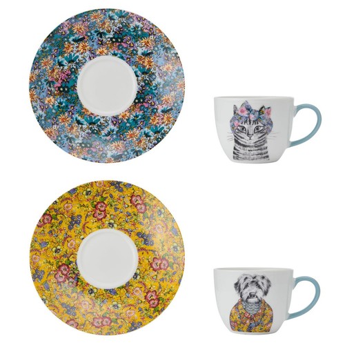 Mikasa x Tipperleryhill Floral Dog & Cat Fine China Teacups & Saucers Gift Set - Picture 2 of 9