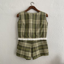Vintage 60s 2 Pc Green Plaid Play Suit Set Mod Crop Top Side Zip Shorts Sz S