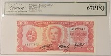 Uruguay 1967 100 Pesos Bank Note Superb Gem New 67 PPQ Legacy Currency Grading